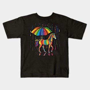 Horse Rainy Day With Umbrella Kids T-Shirt